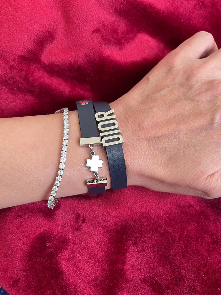 Dior Black Leather Double Tour Bracelet with Clover Charm