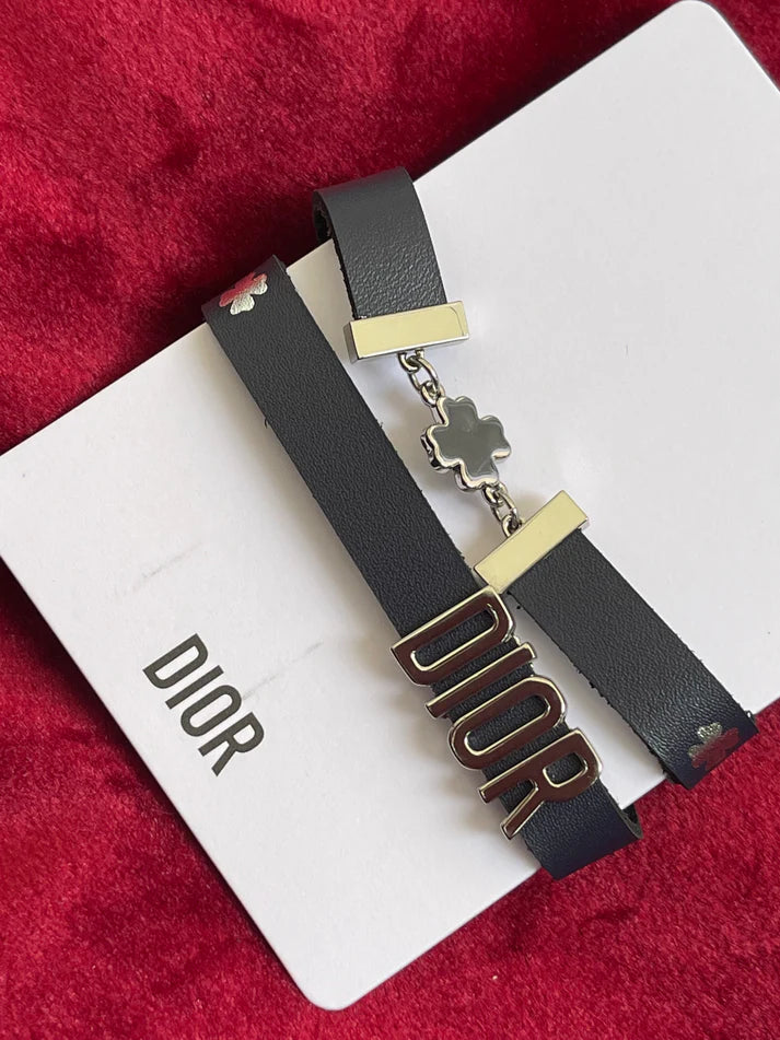 Dior Black Leather Double Tour Bracelet with Clover Charm