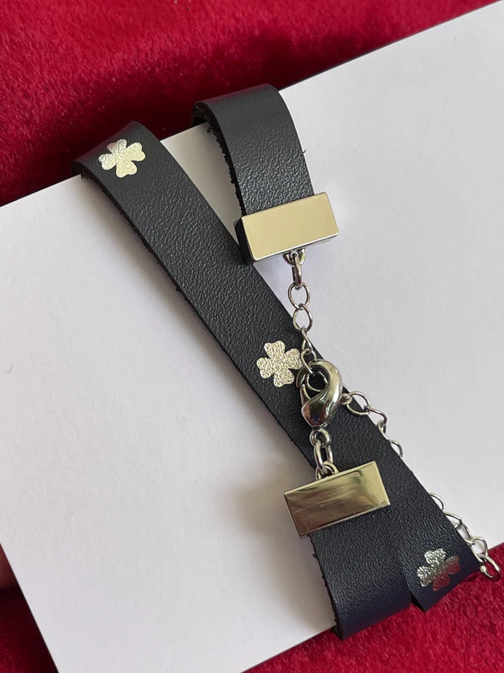 Dior Black Leather Double Tour Bracelet with Clover Charm