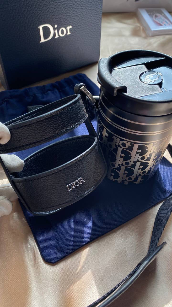 Dior Stainless Steel Mug with Shoulder Strap (Black - 350ml)